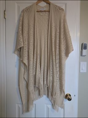 Nine West Cream Open-Knit Fringe Poncho Sweater